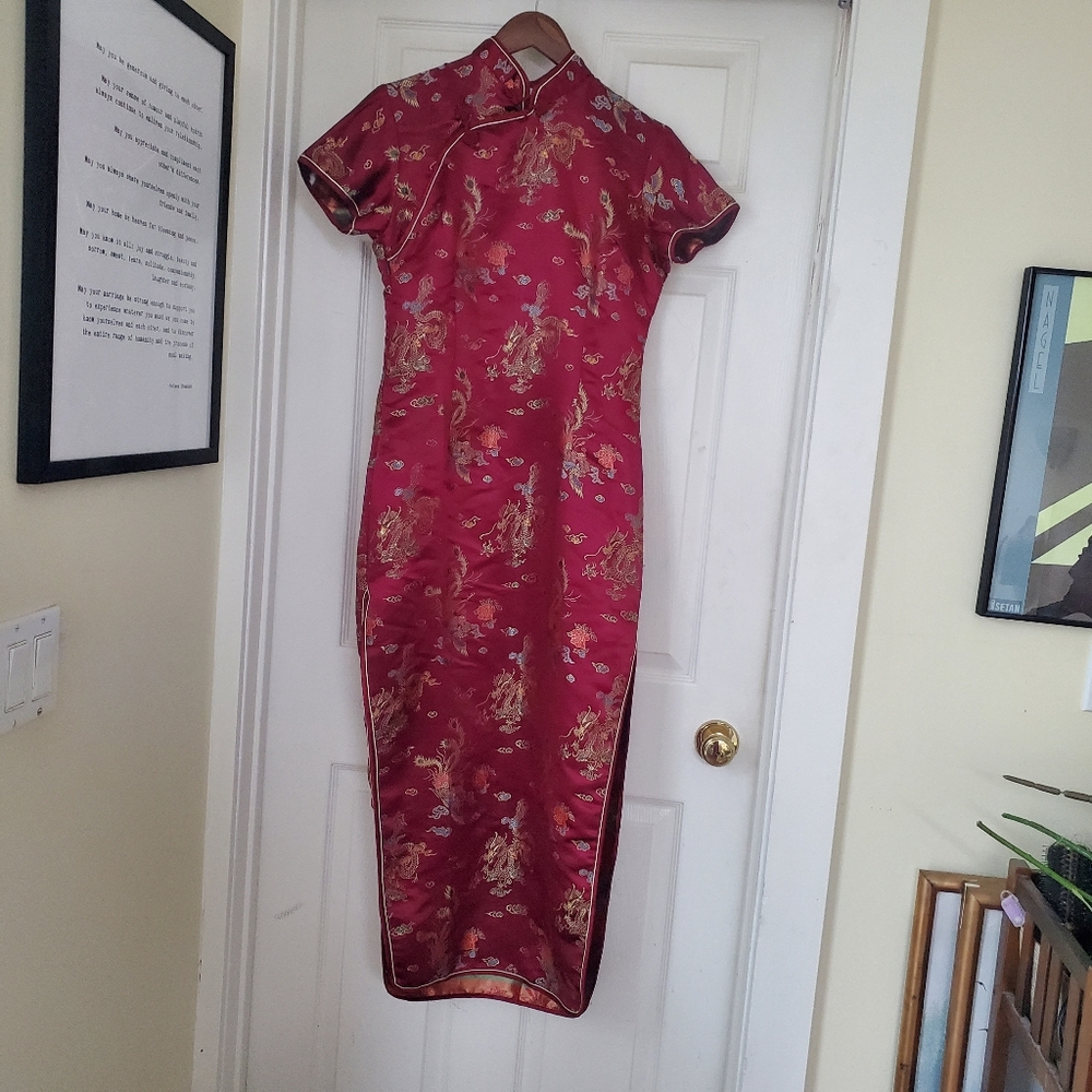 Maroon 100% Silk Qipao Cheongsam Dress Size 6-8